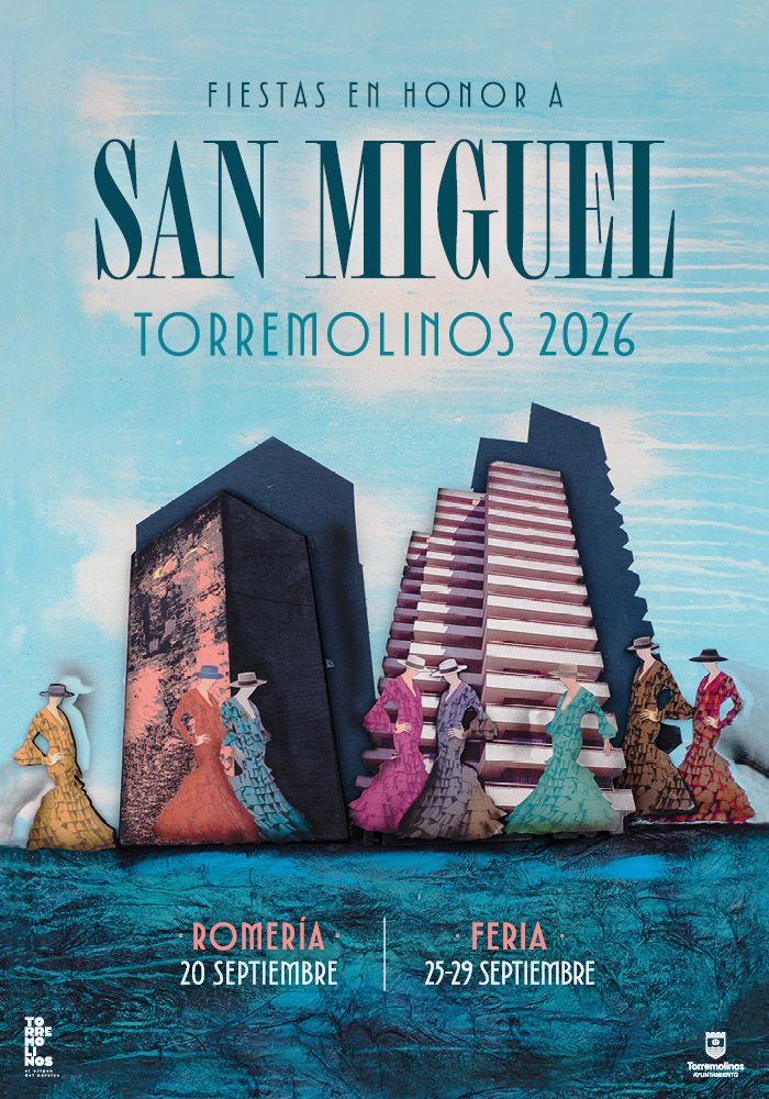 Poster of the San Miguel festivities, Torremolinos 2026: flamenco dancers in front of the town's towers and the sea. Pilgrimage 20 September, fair 25-29.