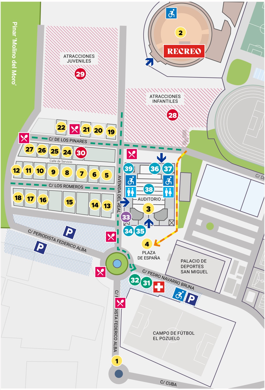 Official map of the Torremolinos 2026 fairground, with the Bullring, the Municipal Auditorium, Plaza de España, the numbered marquees, the rides, entrances, car parks and services.