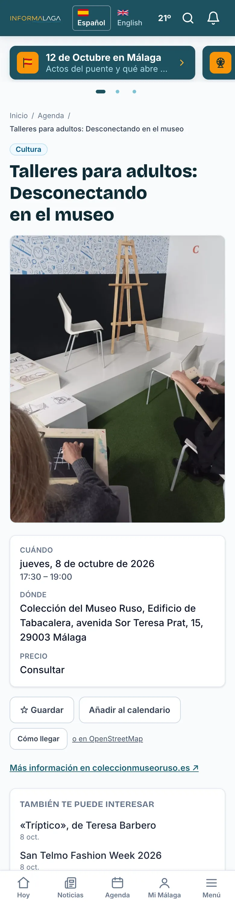 Ficha de un acto de la agenda con el botón «Añadir al calendario»