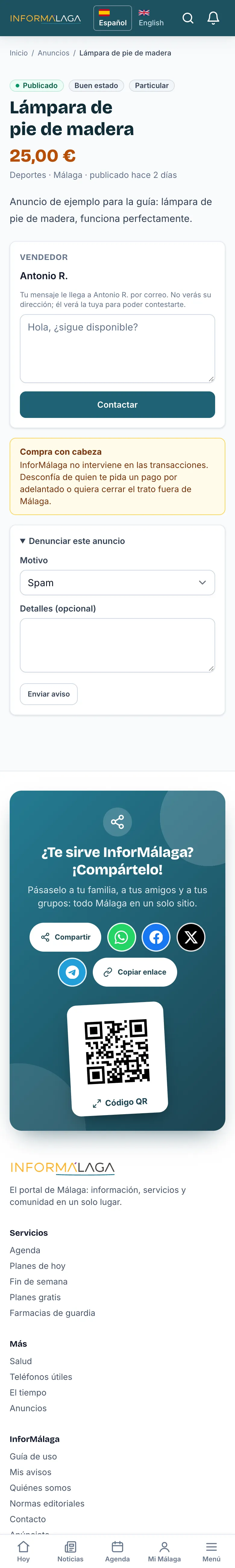 Un anuncio con el formulario para contactar y el de denunciar