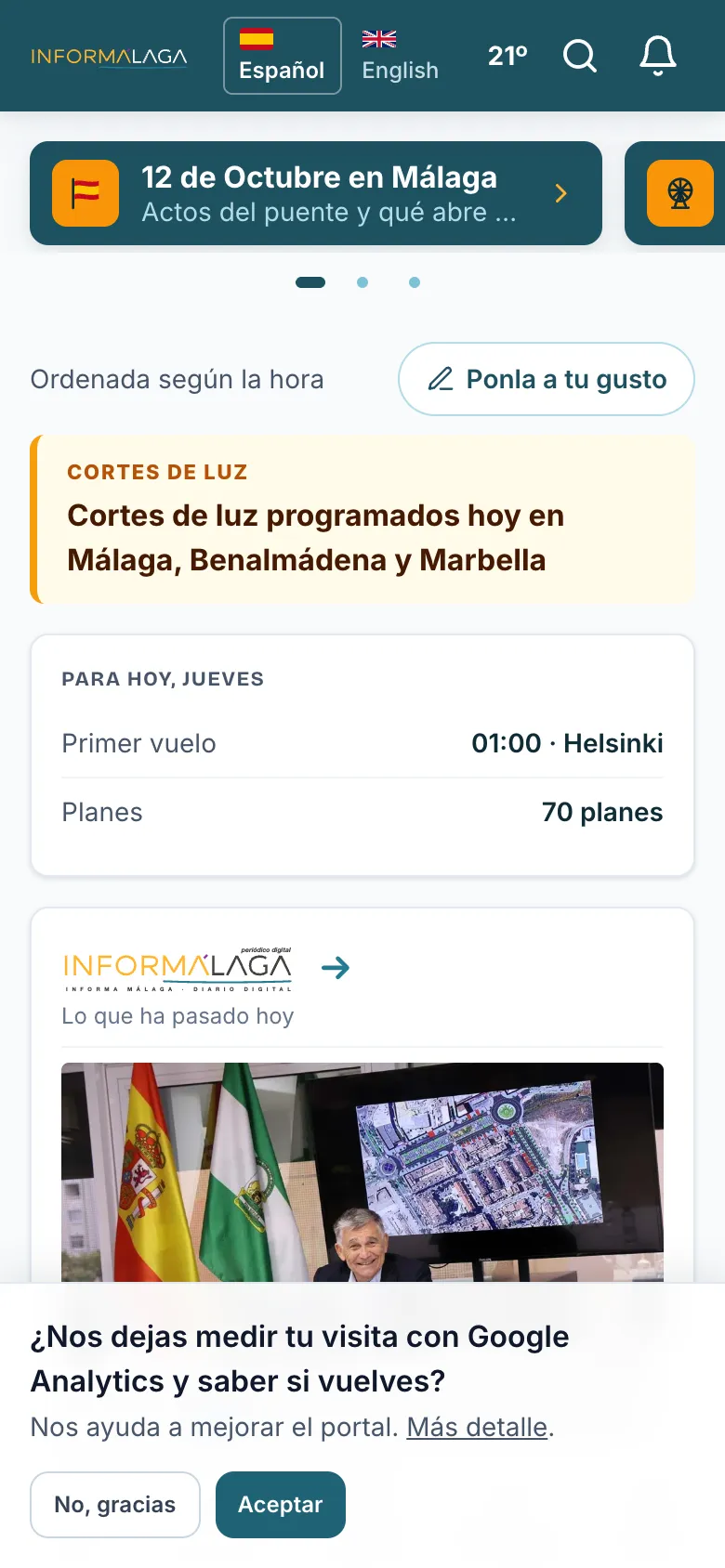El aviso de cookies con «No, gracias» y «Aceptar»