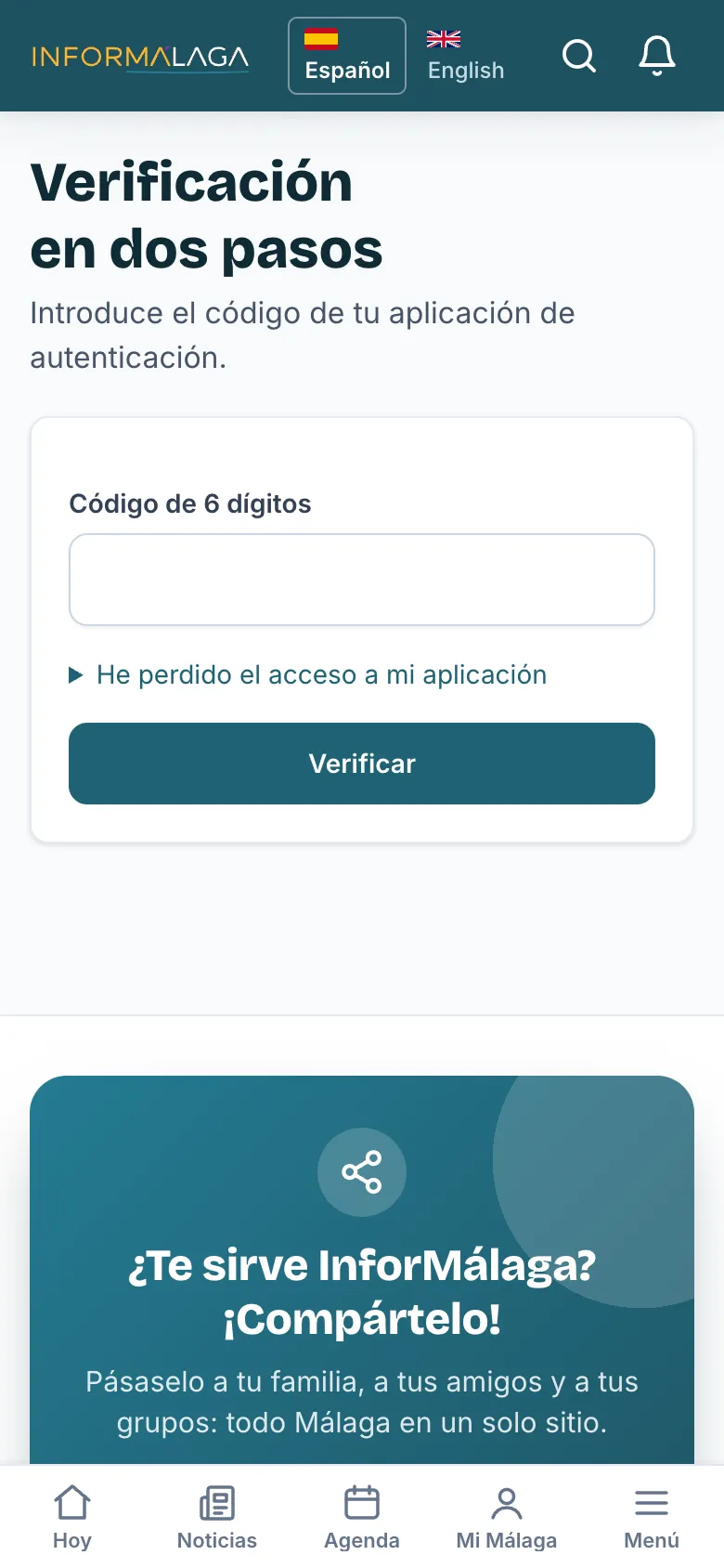 Pantalla que pide el código de 6 dígitos