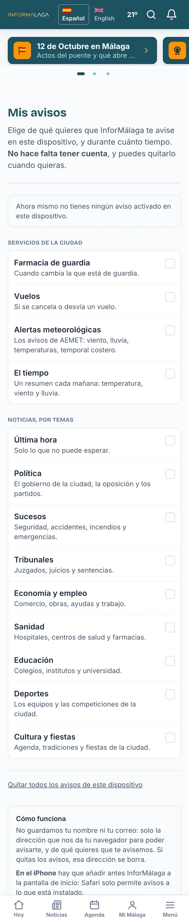 La página «Mis avisos»