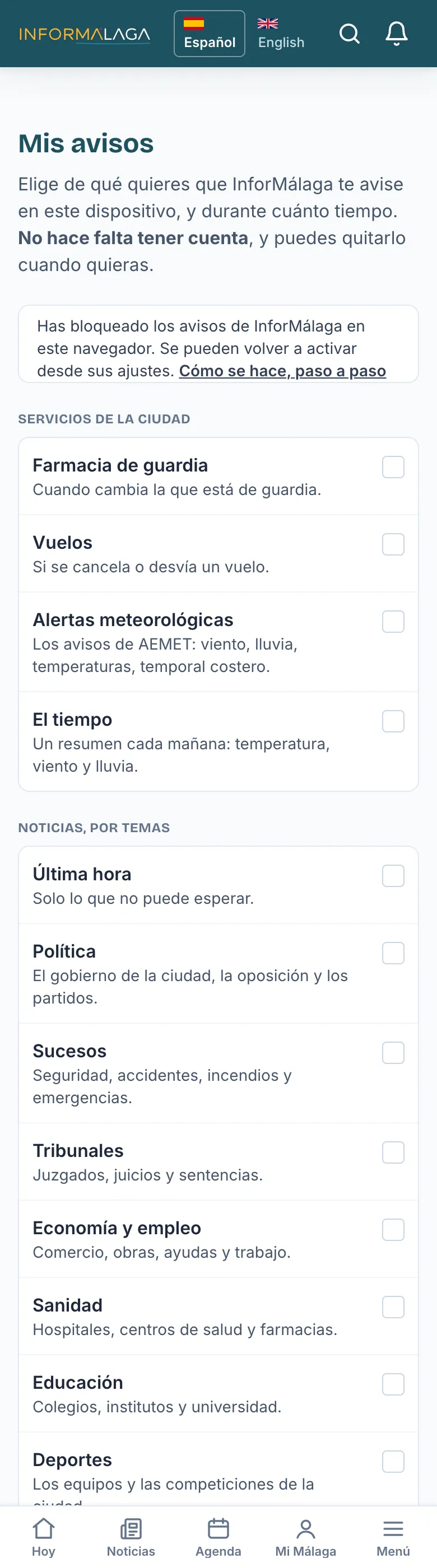 El aviso de avisos bloqueados en Mis avisos