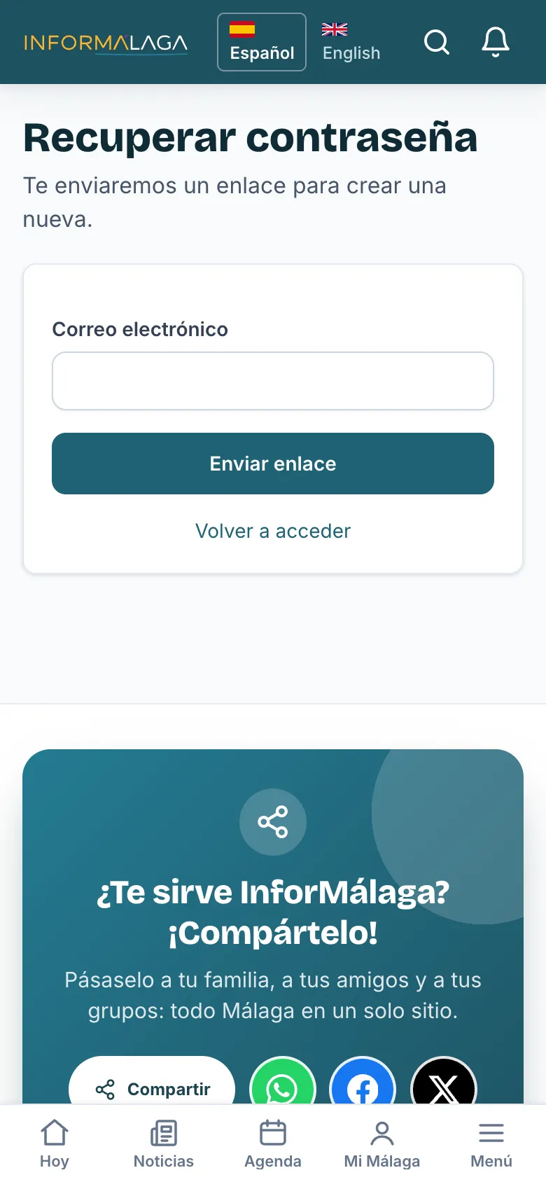 Pantalla para recuperar la contraseña