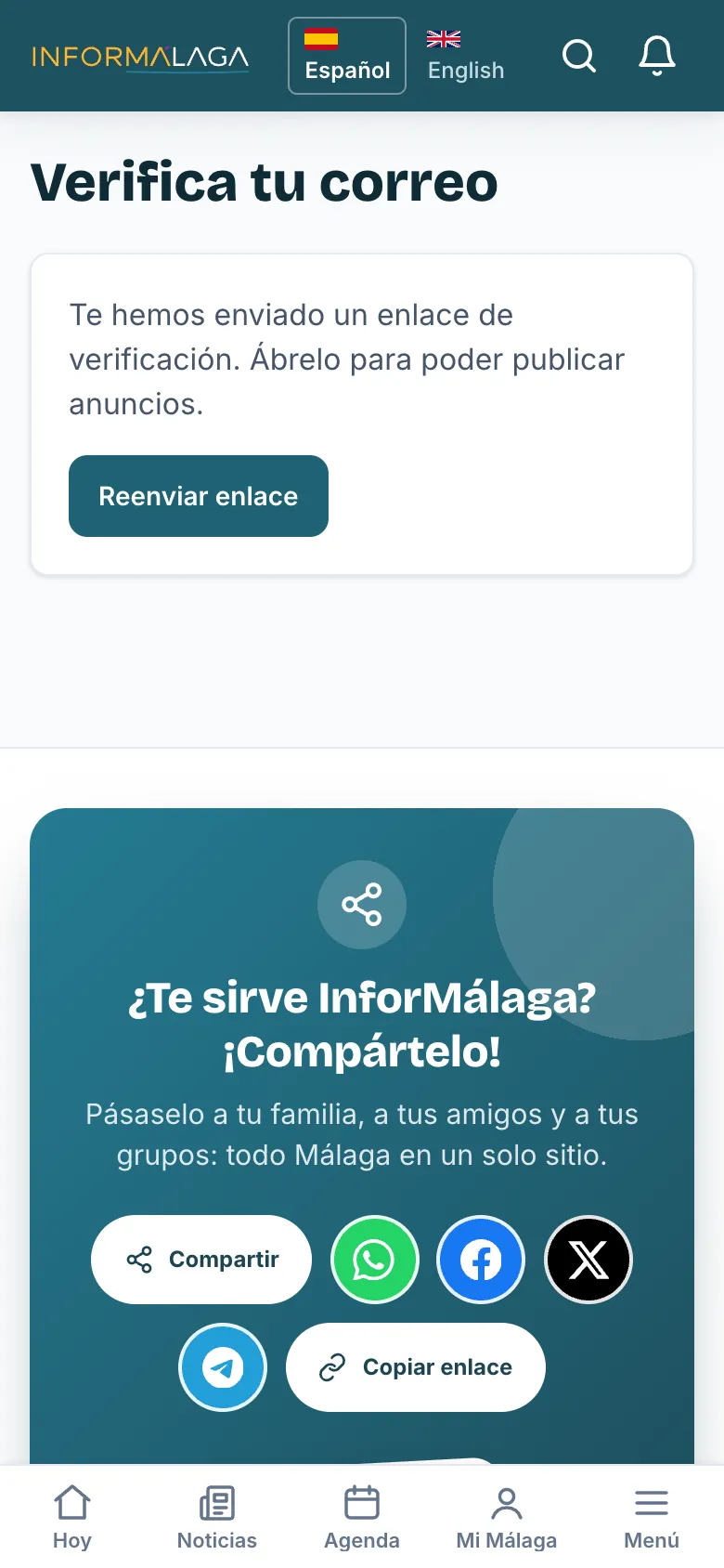 Pantalla «Verifica tu correo» con el botón «Reenviar enlace»