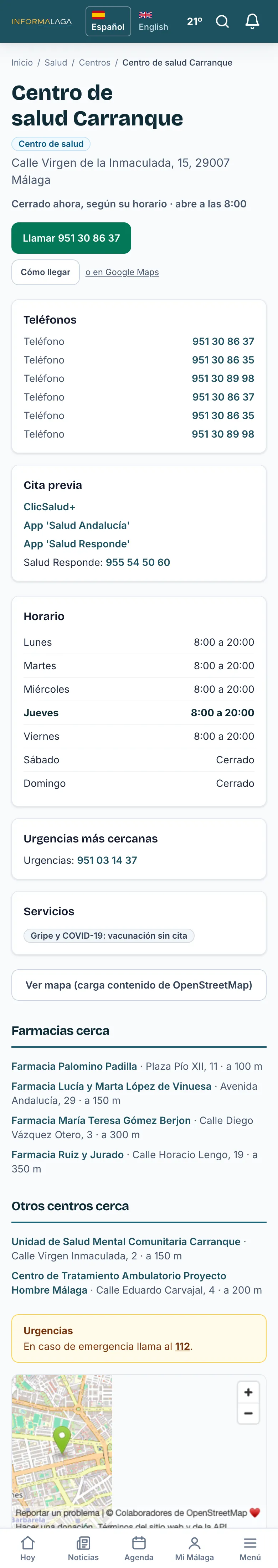 La página de un centro de salud, con su horario y la cita previa