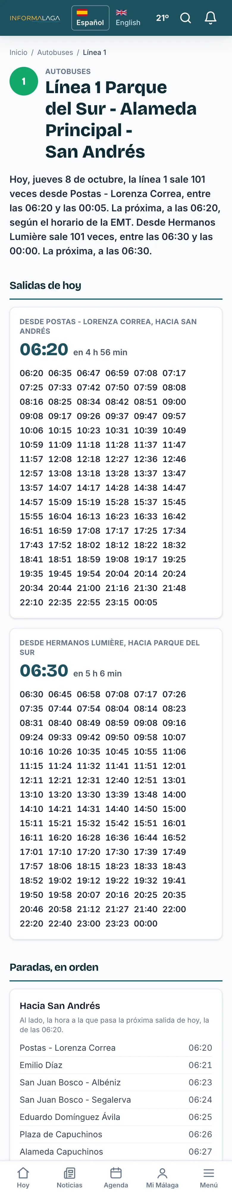 La página de una línea, con sus salidas y sus paradas