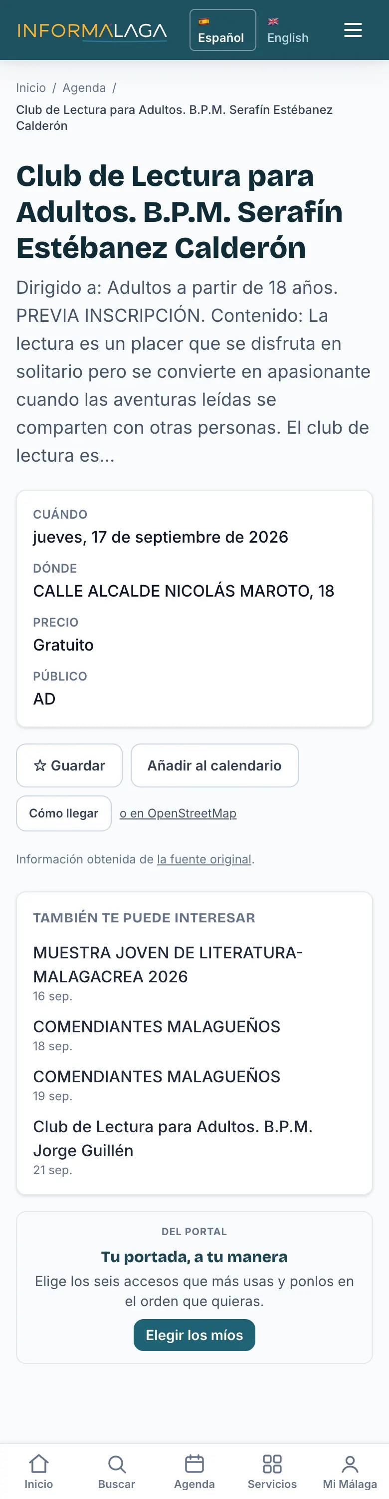 Ficha de un acto de la agenda con el botón «Añadir al calendario»