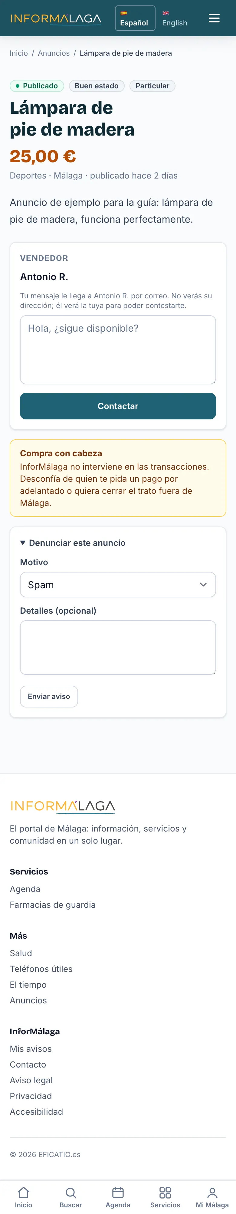 Un anuncio con el formulario para contactar y el de denunciar