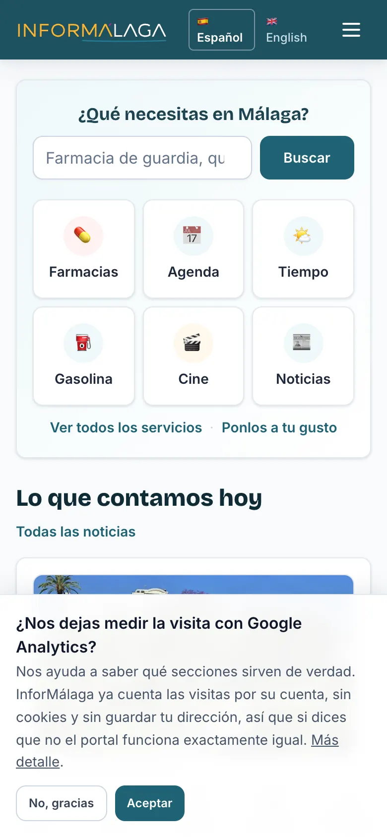 El aviso de cookies con «No, gracias» y «Aceptar»