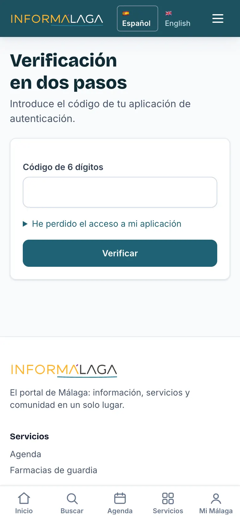 Pantalla que pide el código de 6 dígitos