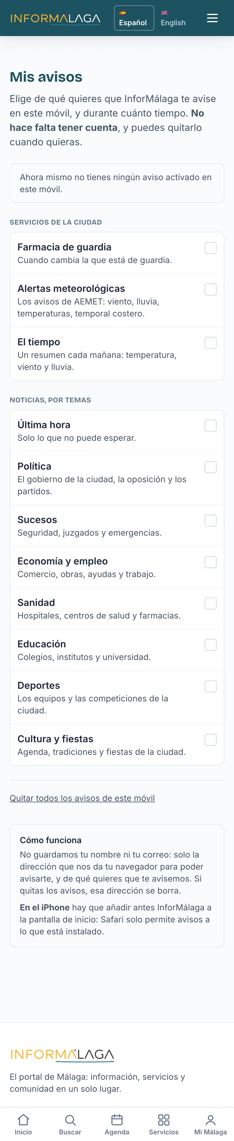 La página «Mis avisos»