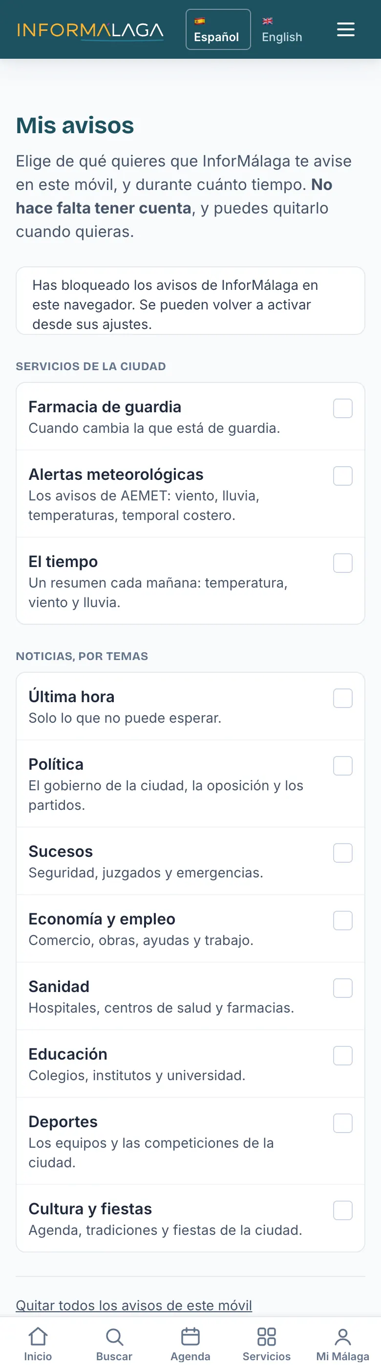 El aviso de avisos bloqueados en Mis avisos