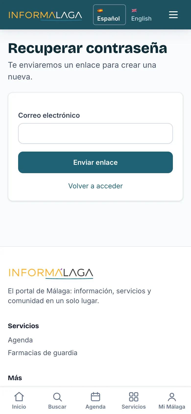Pantalla para recuperar la contraseña