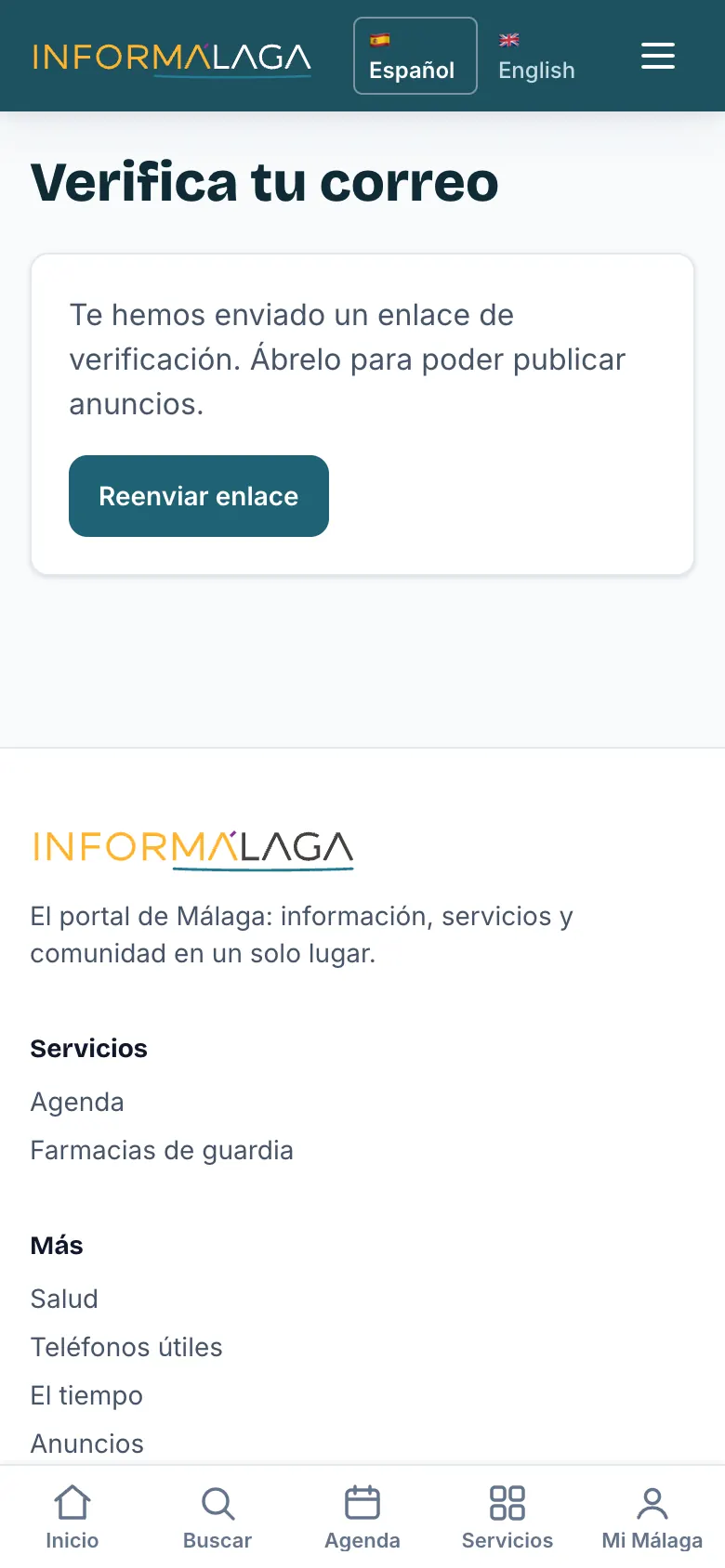 Pantalla «Verifica tu correo» con el botón «Reenviar enlace»