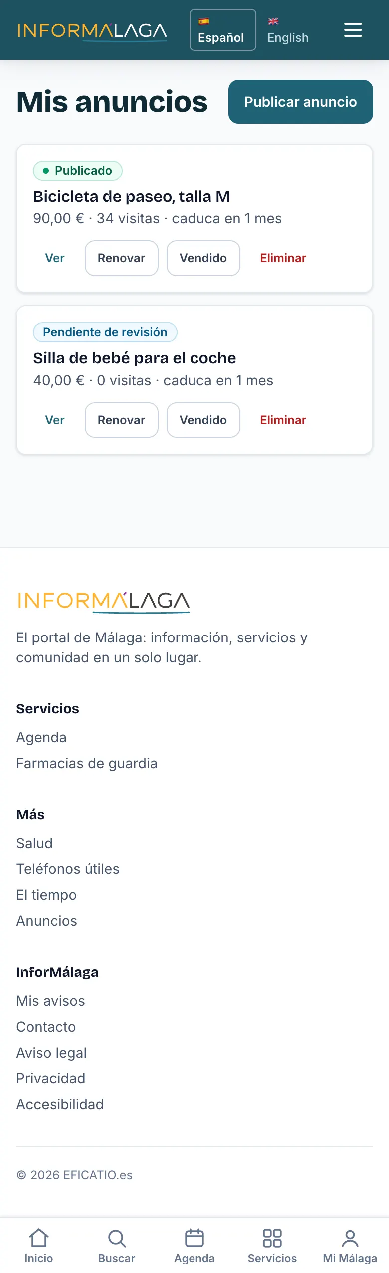Mis anuncios con los botones Ver, Renovar, Vendido y Eliminar