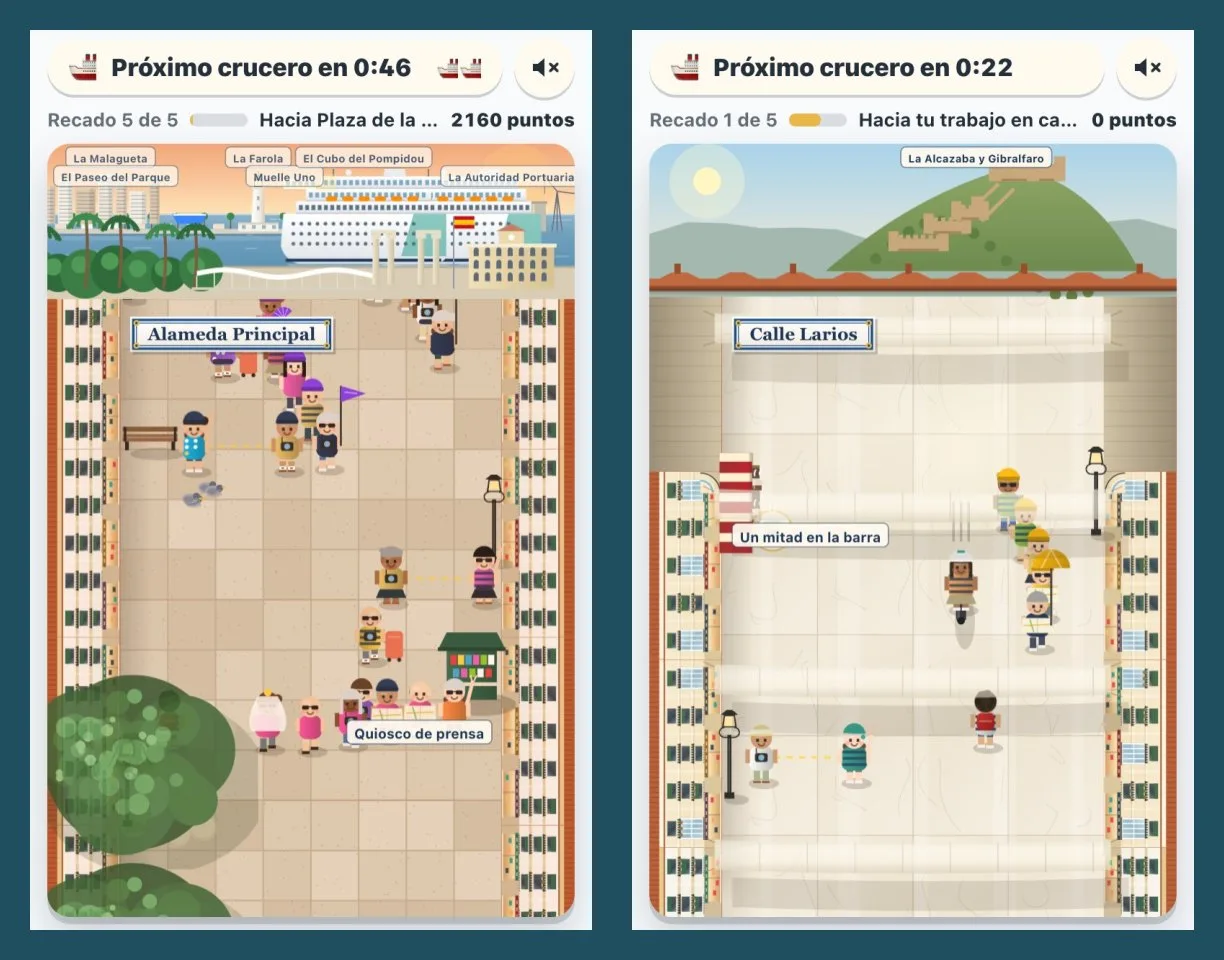 Dos pantallas del juego: la Alameda con el puerto, la Farola y un crucero al fondo, y calle Larios con su suelo de mármol y la placa de cerámica.