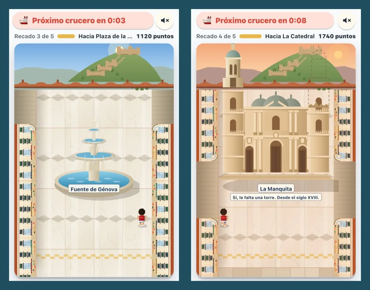 Dos pantallas del juego: la llegada a la fuente de Génova y la llegada a la Catedral, con el letrero «Sí, le falta una torre. Desde el siglo XVIII».
