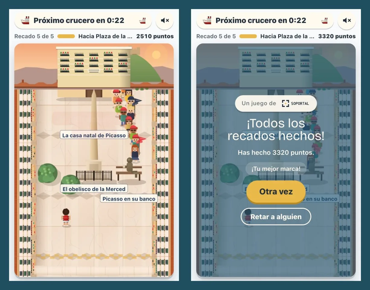 Dos pantallas del juego: la Plaza de la Merced con el obelisco y Picasso en su banco, y la pantalla final con la puntuación y los botones Otra vez y Retar a alguien.