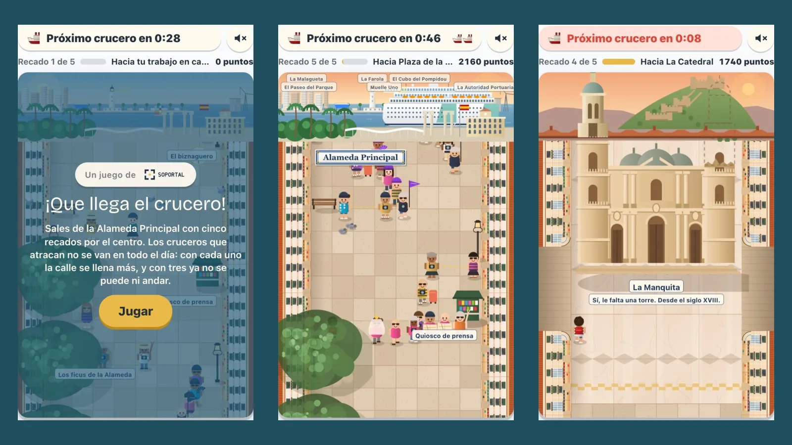 Tres pantallas del juego «¡Que llega el crucero!»: la portada con el botón Jugar, la Alameda con el puerto y un crucero al fondo, y la llegada a la Catedral de Málaga.