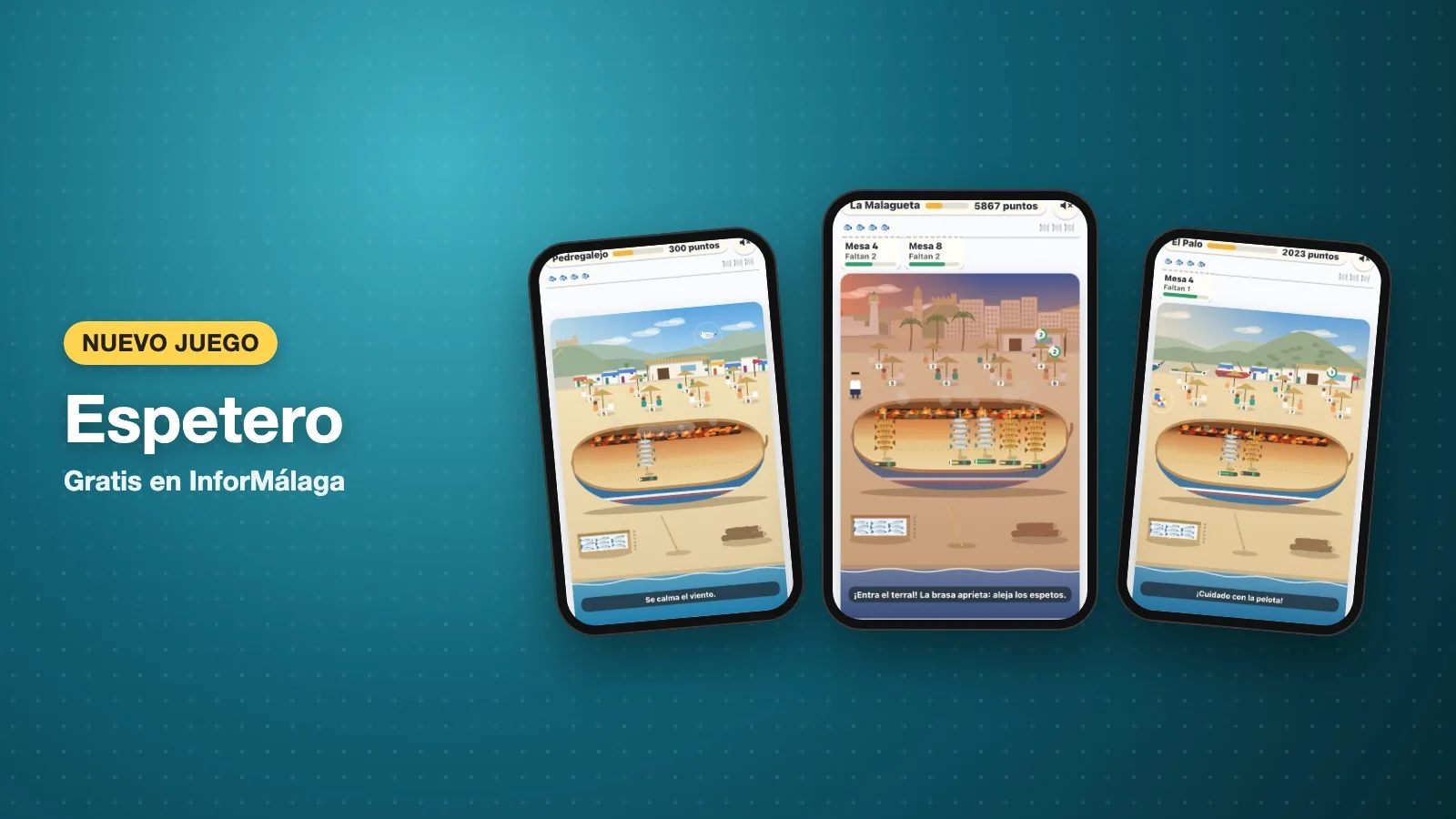 Tres pantallas del juego «Espetero»: la barca con arena y brasa, espetos de sardinas clavados y la playa con sombrillas y merenderos al fondo.