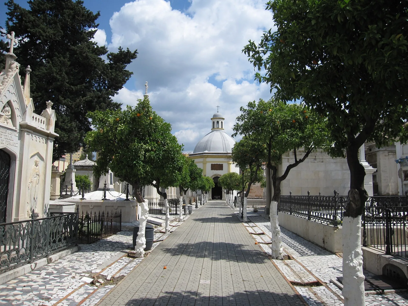 Calle de la Concepción en el cementerio histórico de San Miguel de Málaga, con naranjos, panteones y la capilla al fondo