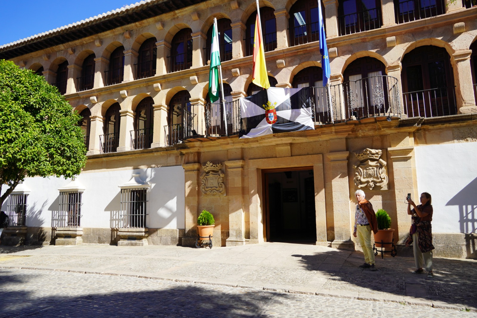 Edificio de piedra con arcos y balcones, banderas y un escudo en la fachada, dos personas y un árbol en la plaza.