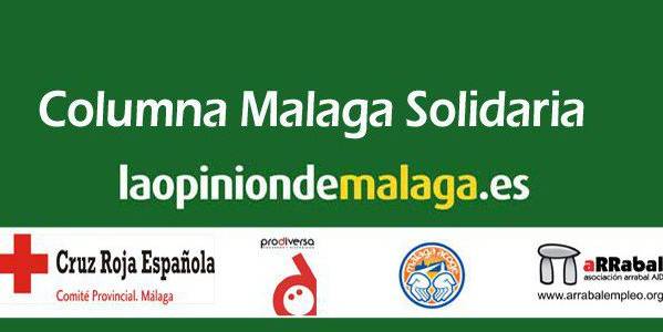 Cartel verde con el texto Columnna Malaga Solidaria y laopiniondemalaga.es sobre los logotipos de Cruz Roja, Prodiversa, una entidad y Arrabal.