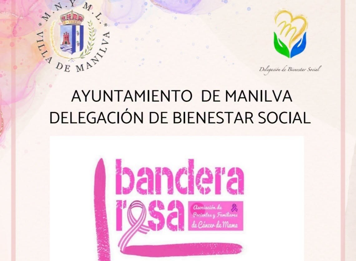 Cartel con escudo municipal, el texto Ayuntamiento de Manilva y Delegación de Bienestar Social, y el logotipo rosa bandera rosa.