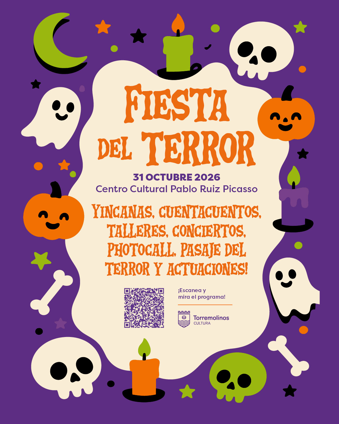 Cartel morado de la Fiesta del Terror con calabazas, fantasmas, calaveras, velas y un código QR.