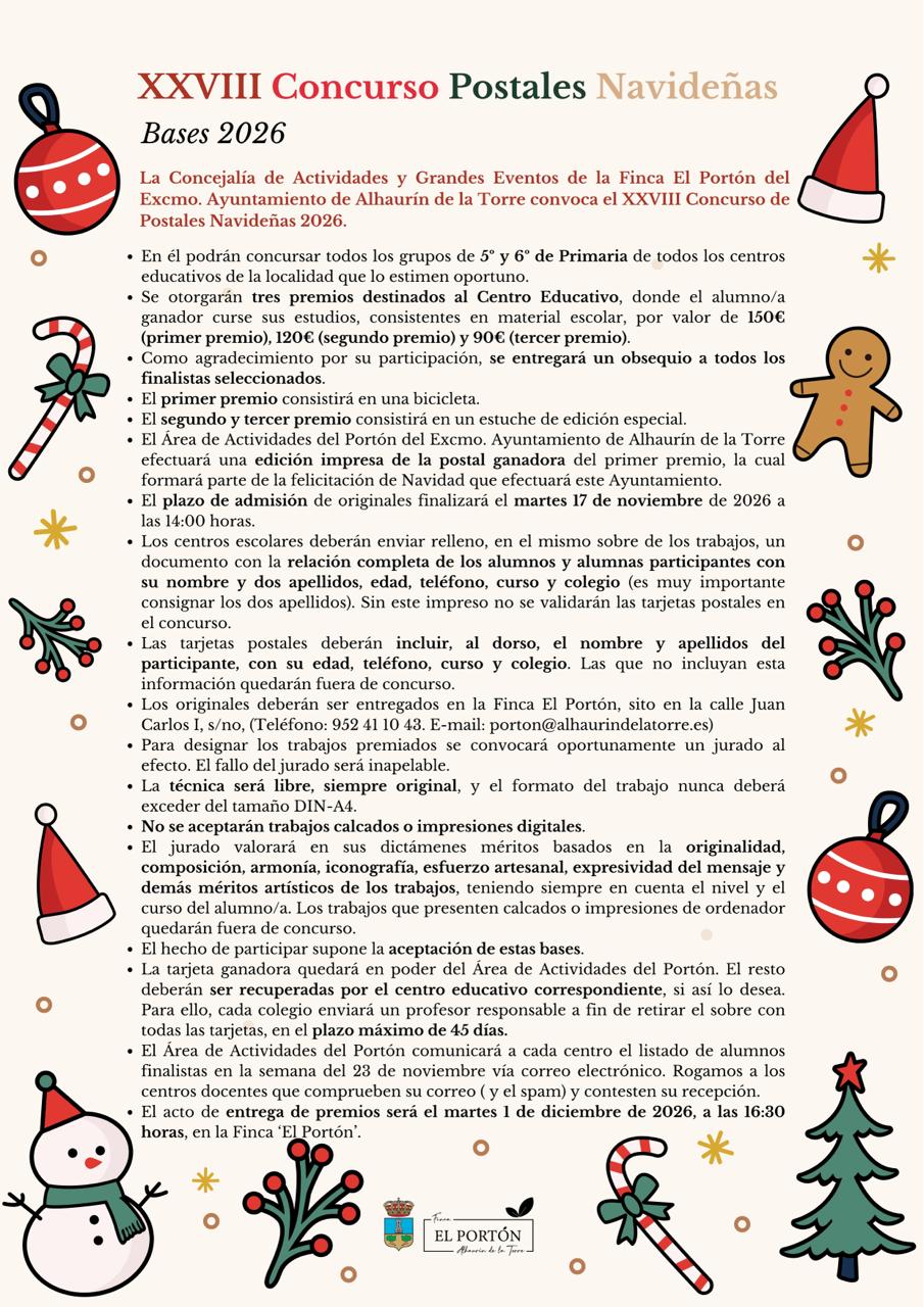 Cartel con las bases del XXVIII Concurso de Postales Navideñas 2026, con texto y dibujos navideños.