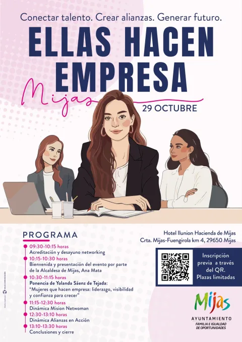 Cartel del evento Ellas hacen empresa en Mijas el 29 de octubre, con tres mujeres ilustradas y el programa.