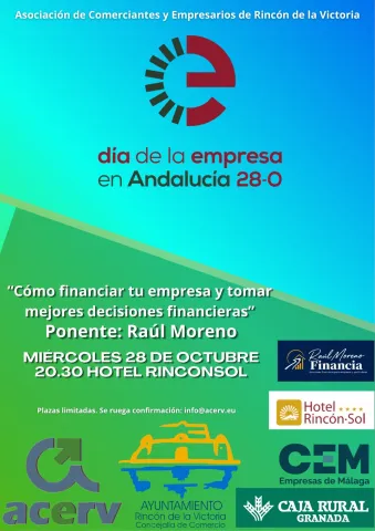 Cartel verde y azul sobre una jornada de financiación empresarial el 28 de octubre en un hotel, con ponente y logotipos.