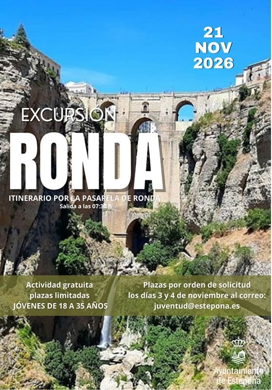 Cartel de una excursión a Ronda el 21 de noviembre de 2026, con un puente sobre un desfiladero y texto sobre la inscripción.