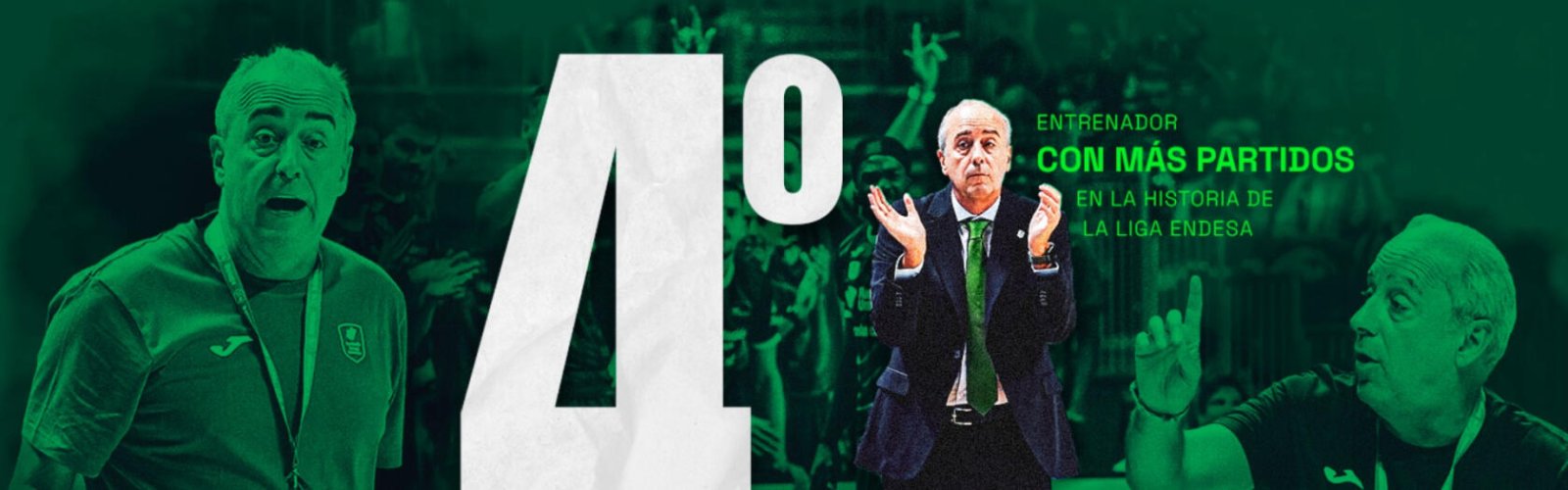 Un gran número 40 blanco sobre fondo verde con tres imágenes de un entrenador de baloncesto gesticulando y un texto sobre partidos dirigidos.