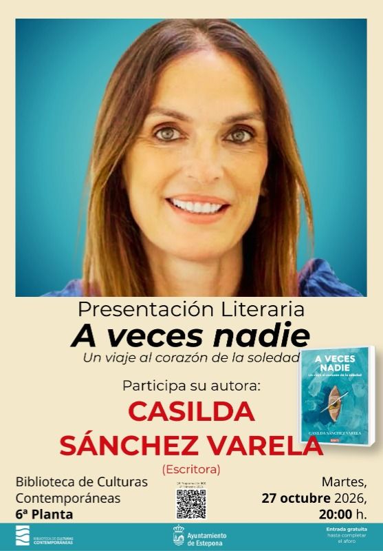 Cartel de presentación literaria con el retrato sonriente de una mujer y el título del libro A veces nadie, con fecha y lugar del acto.
