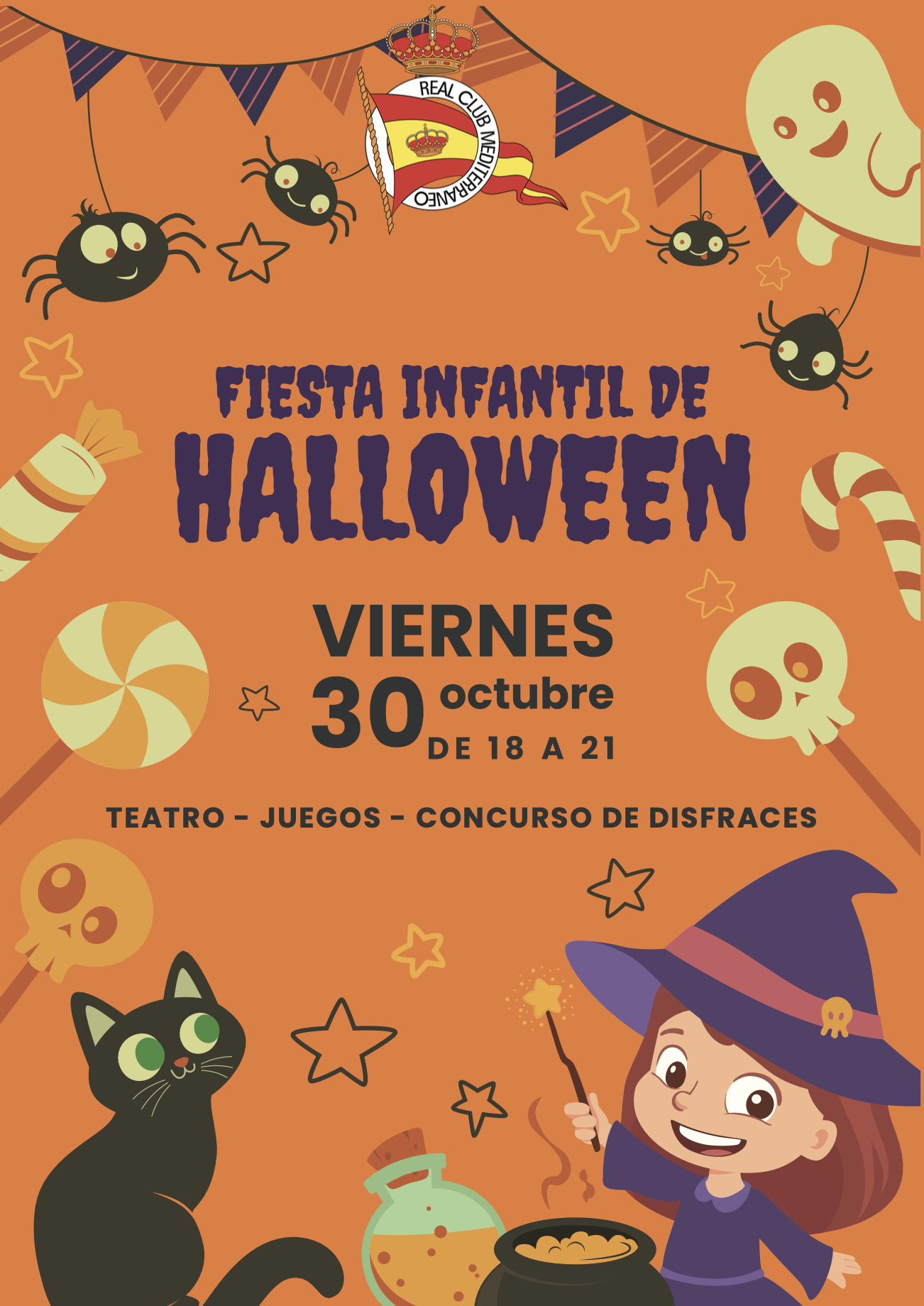 Cartel naranja de fiesta infantil de Halloween con bruja, gato negro, fantasmas, arañas y caramelos.