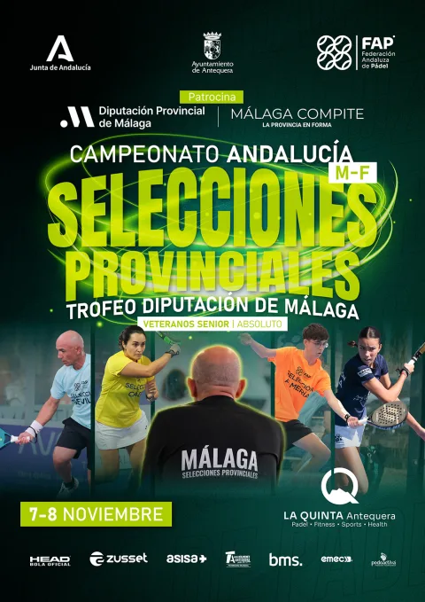 Cartel verde del Campeonato Andaluz de Selecciones Provinciales de pádel con jugadores y fecha 7-8 de noviembre.