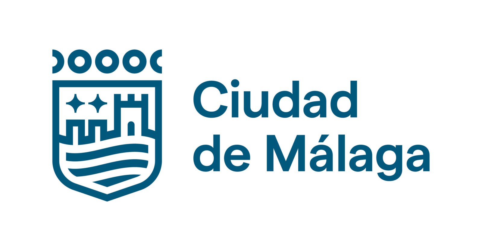 Escudo azul con castillo y ondas sobre el texto Ciudad de Málaga, en fondo blanco.