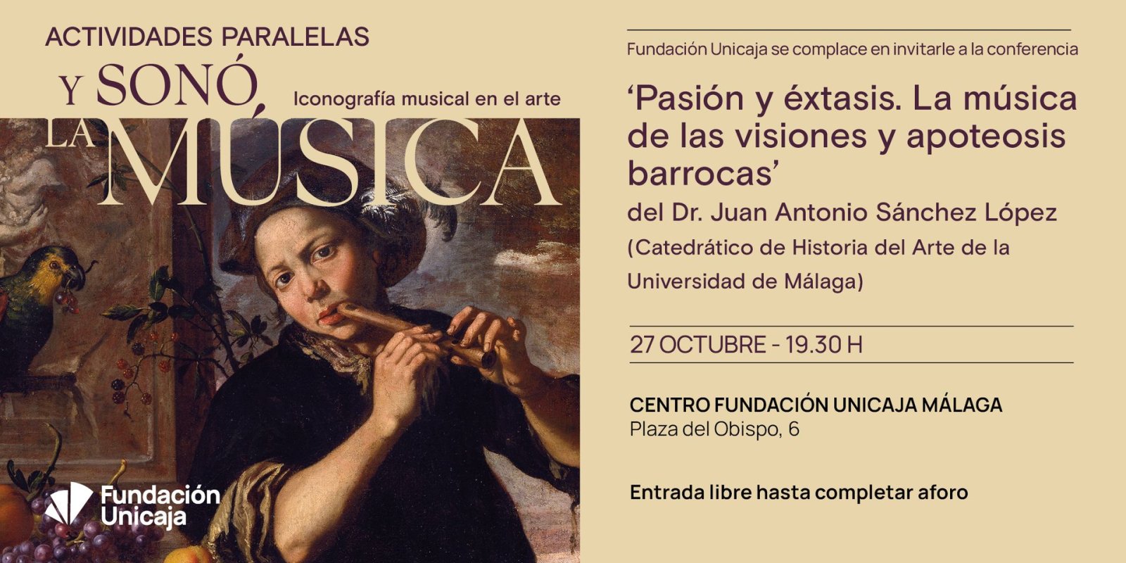Cartel de una conferencia sobre música barroca con una pintura de un joven tocando la flauta y un loro.