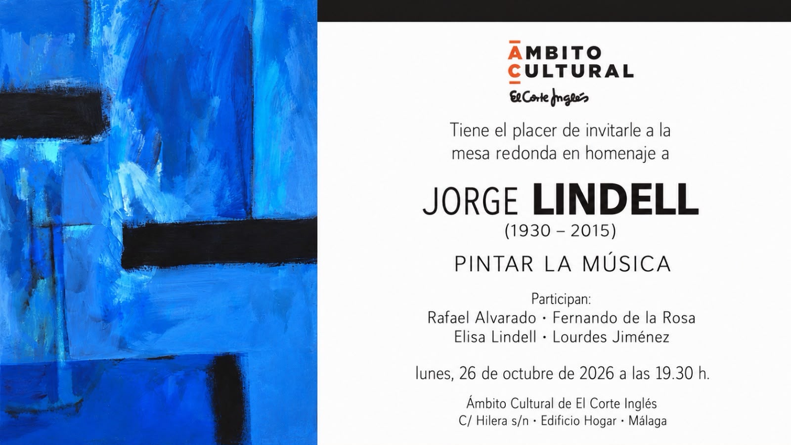 Cartel de una mesa redonda en homenaje al pintor Jorge Lindell, con una obra azul abstracta a la izquierda y texto a la derecha.