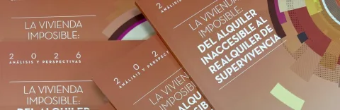 Varias portadas de un informe titulado La vivienda imposible: del alquiler inaccesible al realquiler de supervivencia, en tonos marrones con gráficos.