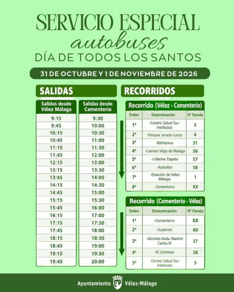 Cartel verde con horarios de autobuses especiales para el Día de Todos los Santos y el recorrido entre el centro y el cementerio.