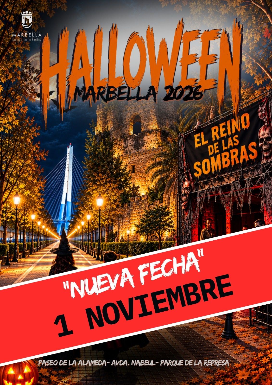 Cartel de Halloween en Marbella con una torre iluminada, un puente, una bruja y una banda roja que anuncia el 1 de noviembre.