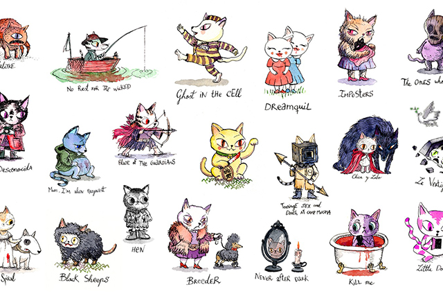 Ilustración con gatos antropomórficos disfrazados de personajes de películas, cada uno con un título paródico debajo.