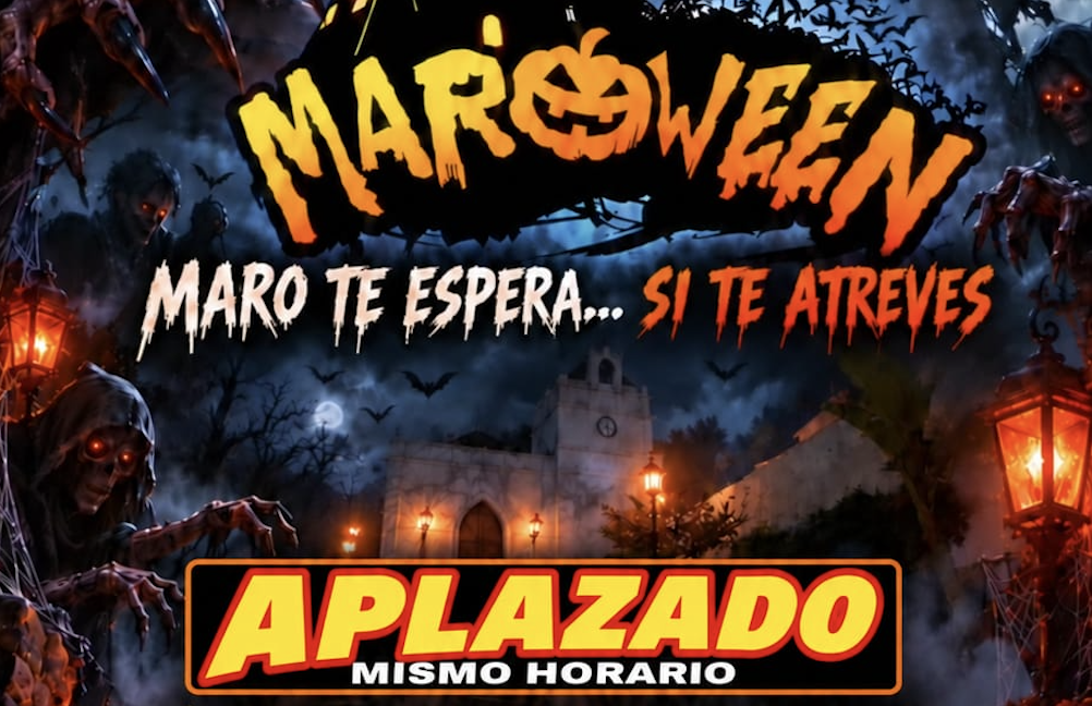 Cartel de Maroween con figuras terroríficas, un edificio iluminado al fondo y el texto Aplazado, mismo horario.
