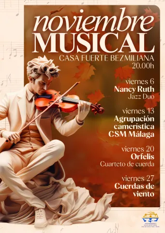 Cartel de conciertos con una escultura de un violinista sentado y texto sobre un ciclo musical de cuatro viernes.