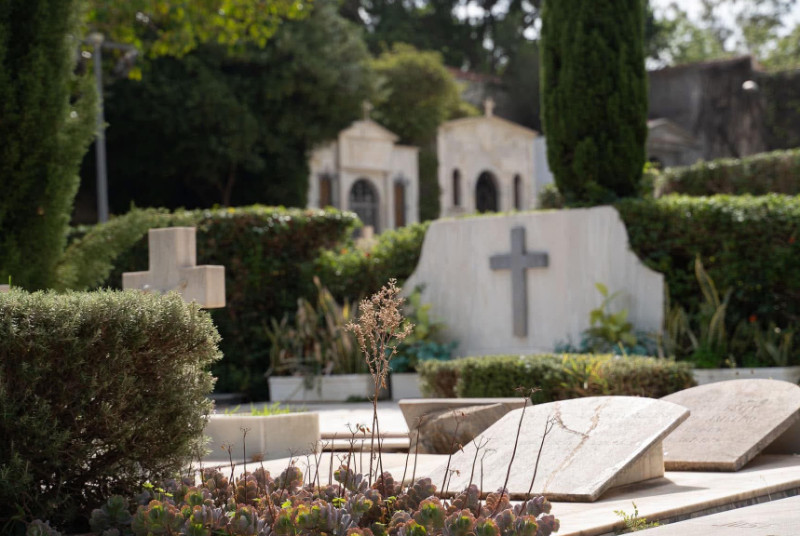 Tumbas de piedra con cruces en un cementerio ajardinado, con setos, cipreses y panteones al fondo.
