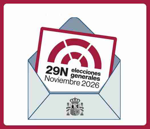 Un sobre abierto con una tarjeta que muestra un arco rojo y el texto 29N elecciones generales Noviembre 2026.